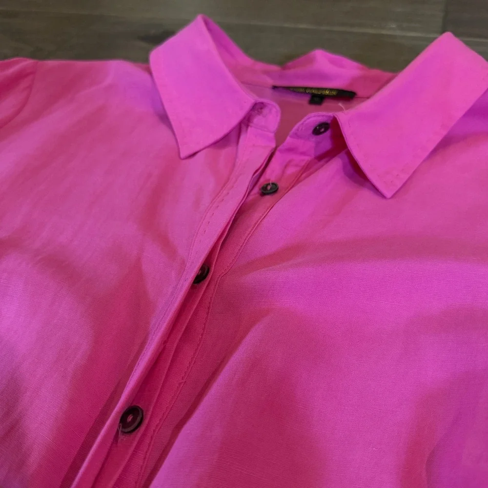 Kobi Halperin Pink Tencel Linen Tiered Midi Shirt Dress XL Hot Pink Long Slv - Picture 3 of 8